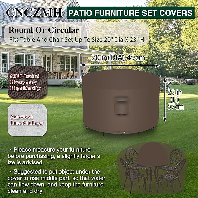 Heavy Duty Patio Furniture Covers Waterproof, 600D Round Outdoor Furniture Cover Waterproof for Sectional Sofa Couch, Outdoor Dining Table and Chair Set Covers 20"DIA x 23"H, Brown