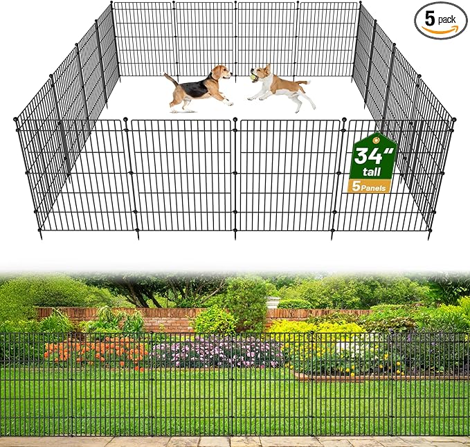 5 Panels No Dig Garden Fence Animal Barrier, 34in(H) × 11.25ft(L) Decorative Metal Outdoor Dog Fence, Rustproof Pet Fencing for Yard, Patio, Flower Bed -Temporary Fencing| Easy to Install