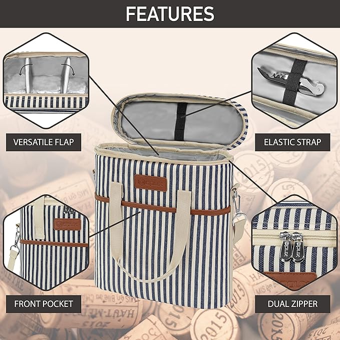 Opux 3-Bottle Wine Carrier Tote, Insulated Leakproof Cooler Bag, Portable Wine Bottle Tote for Picnic, BYOB, Beach - Stripe