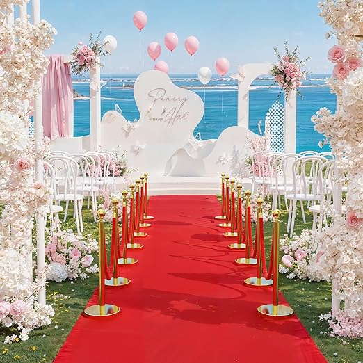 6Pcs Stainless Steel Stanchion Posts with 5ft Red Velvet Ropes - Crowd Control Barriers & Queue Line Kit with 26ft Red Carpet for Wedding, Party, Theater Supplies