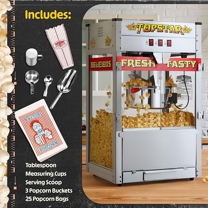 Top Star Popcorn Machine - 12oz Stainless-Steel Kettle, Reject Kernel Tray, Warming Light, and Accessories by Great Northern Popcorn (Red and Yellow)