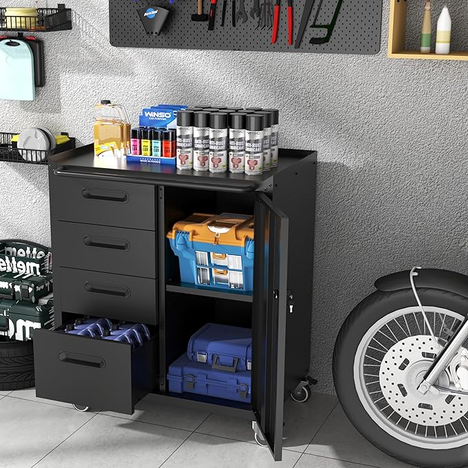 Mobile Tool Storage Cabinet with Wheels,Heavy Duty Rolling Tool Cabinets for Garage,Metal Storage Cabinets with 4 Drawer and 1 Locking Doors,Assembly Required