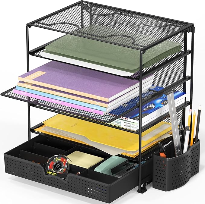 Simple Houseware 5-Tier Document File Tray with Supplies Sliding Drawer and Pen Bucket, Black