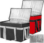 XXXL 2 Pack Insulated Food Delivery Bag with Removable Hard Bottom, Reusable Insulated Grocery Bag for Hot and Cold Food, Catering Cooler for Doordash, Warmers, Parties (Black+Red)