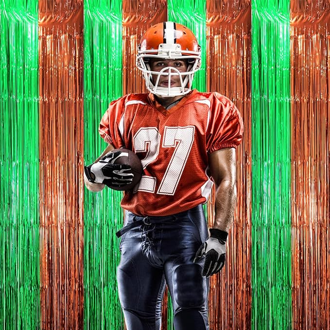 3 Pack 3.3 x 8.2 ft Green and Brown Foil Fringe Backdrop Curtains, Tinsel Streamers Party Decorations, Fringe Backdrop, Door Shimmer for Super Bowl or Birthday Party