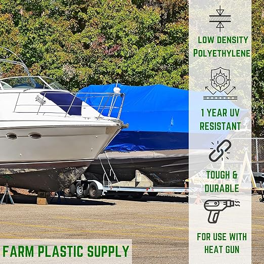 FPS Polyethylene Shrink Wrap - 7 mil Boat Shrink Film for Heat Gun, Industrial Protection and Storage, Blue, 20' x 50'
