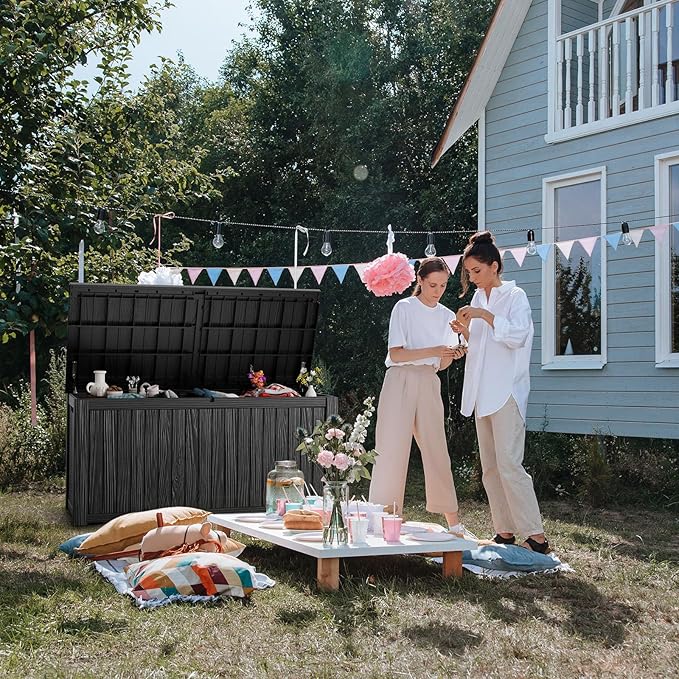 280 Gallon Resin Deck Box, Lockable Patio Outdoor Storage Box for Furniture, Garden Tools and Tools Storage, Waterproof Outside Storage Boxes - Black