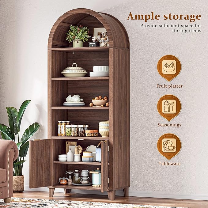 79.9" Tall Arched Storage Cabinet, 6-Tier Pantry Cabinet with Fluted Doors, Arch Kitchen Pantry with Open & Adjustable Shelves, Versatile Cupboard for Dining Room, Living Room, Walnut