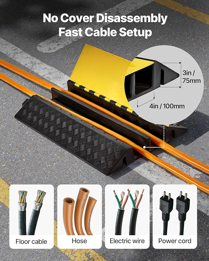 VEVOR Rubber Cable Protector Ramp, 2 Channel Heavy Duty Rubber Cord Hose Wire Cover, 4'' W x 3'' H Large Channel Size, Driveway Traffic Speed Bump with Flip-Open Top Cover, for Indoor Outdoor Use