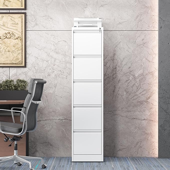 5 Drawer Vertical File Cabinet with Lock, Metal Filing Cabinets for Home Office, Heavy Duty File Storage Cabinet for Legal/Letter/A4 Documents, Easy to Assemble, White