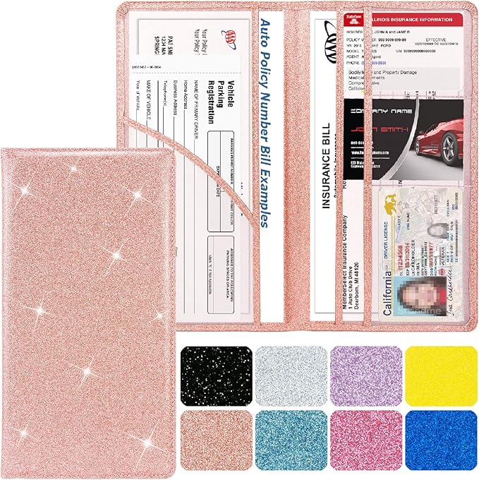 Car Registration and Insurance Holder, Leather Magnetic Shut Vehicle Glove Box Organizer for Document, Card, Driver License, Glitter Rose Gold