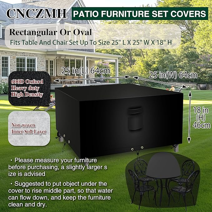 Square Heavy Duty Patio Table Covers Waterproof, 600D Outdoor Dining Table and Chair Set Covers, Outdoor Furniture Cover Waterproof for Sectional Sofa Couch 25''L x 25''W x 18''H, Black