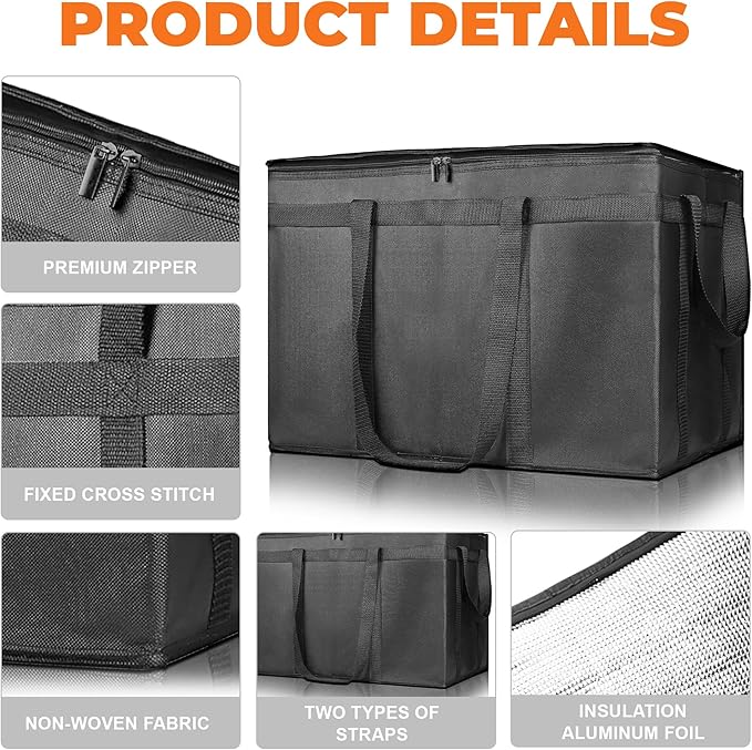 Pack of 2 Insulated Food Delivery Bag with Hard Bottom, XXXL Large Reusable Thermal Cooler Grocery Tote Bag, Commercial Pizza Delivery Box Carrier for Uber Eats, Doordash Essentials, Hot and Cold Food