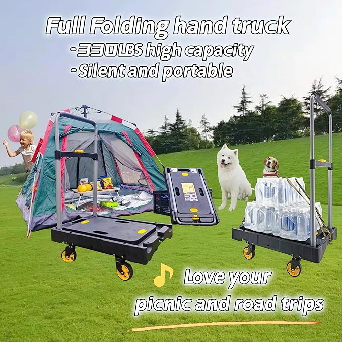 Platform Truck Folding Hand Truck 330 LB Heavy Duty Utility Dolly Flatbed Luggage Push Cart Fully Folded Compact Cart, Portable Trolley with 1 Elastic Ropes, Easy Storage & Lightweight for Moving