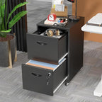 2 Drawer Mobile File Cabinet with Lock, Metal Filing Cabinets with Wheels, Black Rolling Storage Cabinet, Under Desk Vertical File Cabinet for Home Office, Lockable Steel Two Drawer for Letter Size
