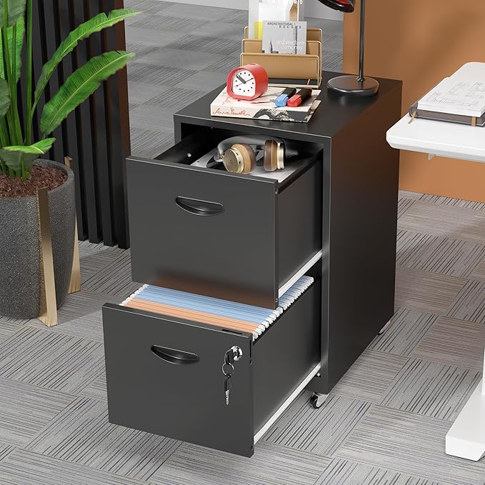 2 Drawer Mobile File Cabinet with Lock, Metal Filing Cabinets with Wheels, Black Rolling Storage Cabinet, Under Desk Vertical File Cabinet for Home Office, Lockable Steel Two Drawer for Letter Size