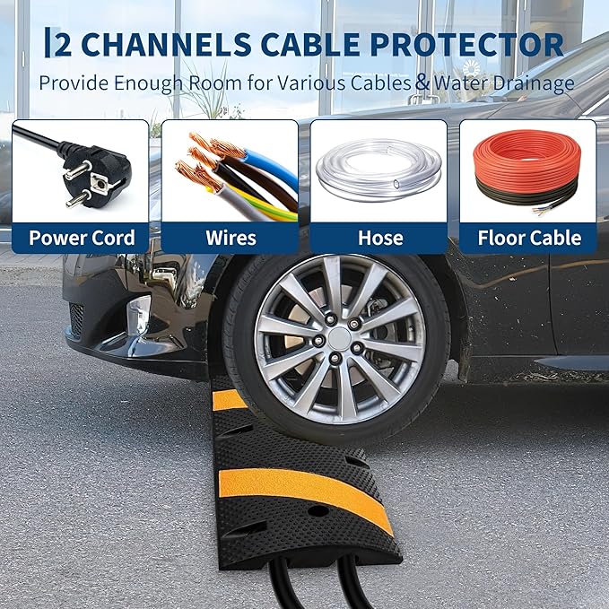 2 Pack 6FT Speed Bumps for Road, Heavy Duty 25,000 Lbs Capacity Traffic Rubber Speed Humps with 2 Channel Floor Cord Cover for Asphalt Concrete Gravel Driveway Road Cable Protector Ramp