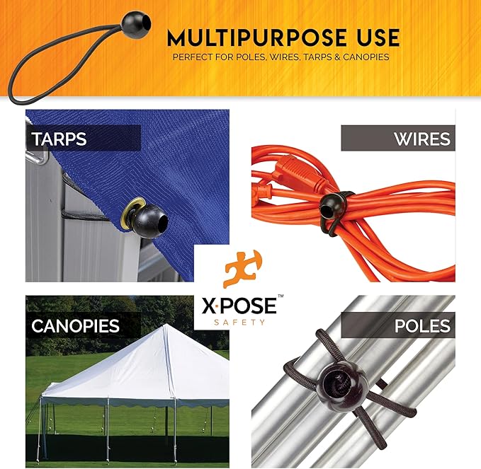 Xpose Safety Bungee Ball Cords 9" 10 Pack Heavy Duty Black Stretch Rope with Ball Ties for Canopies, Tarps, Walls, Cable Organization