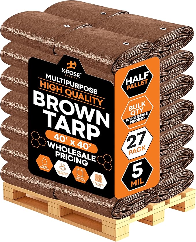 Multipurpose Protective Cover Brown Poly Tarp 40' x 40' - Bulk Half Pallet (27 Pack) Durable, Water Resistant, Weather Resistant - 5 Mil Thick Polyethylene - by Xpose Safety