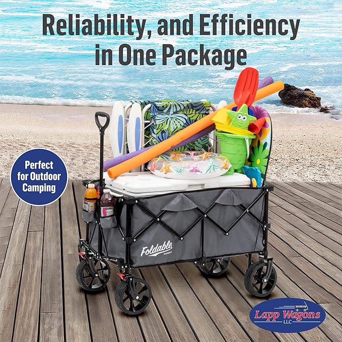 Lapp Wagons 39" Extra-Long Collapsible Folding Wagon Cart, Heavy-Duty 360 lb Utility Wagon with Wheels, Foldable Beach Wagon for Camping, Garden, Grocery, Sports, Outdoor Gear – Grey