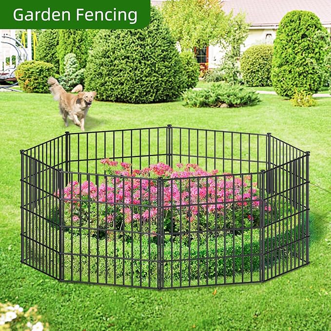 Metal Garden Fence 28in (H) x 18.7ft (L), 8 Panels + 9 Stakes Dog Fence Border Fence Animal Barrier, No Dig Garden Fencing for Yard Flower Bed Lawn Patio Outdoor, PIN282808 Black