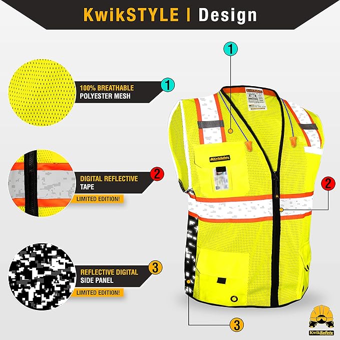KwikSafety - BIG KAHUNA DIGITAL Safety Vest [LIMITED EDITION] Class 2 ANSI OSHA Reflective Vest Durable High Visibility Vest Construction Safety Vest for Men Industrial Work Gear/Yellow 2XL