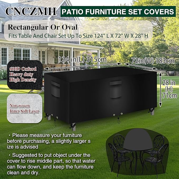 Heavy Duty Patio Furniture Covers Waterproof, 600D Outdoor Furniture Cover Waterproof for Sectional Sofa Couch, Outdoor Dining Table and Chair Set Covers 124''L x 72''W x 28''H, Black
