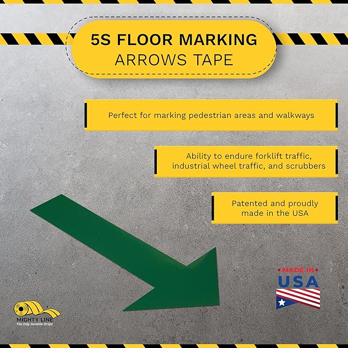 Mighty Line Solid Arrows Directional Sticker Sign Floor Marking Tape for Safety, Caution, Warning, Heavy-Duty, Peel and Stick, Adhesive, Industrial Quality, Green, 10" by 6", Pack of 50