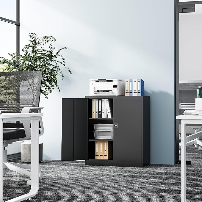 Metal Storage Cabinet-36” Tall Steel File Cabinets with Lockable Doors and Adjustable Shelves-Black Steel Storage Cabinet for Home Office, School, Garage