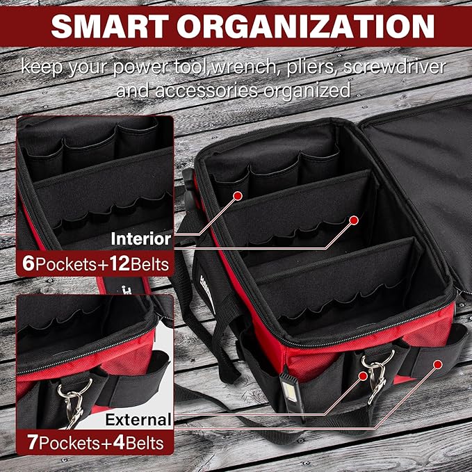 HAUTMEC 16-Inch Multi-Function Tool Bag with Removable Divider, Heavy-Duty 1680D Quick Action Tool Case with Padded Shoulder Strap & Trolley Sleeve, Rigid Structure & Wide-Opening Design - HT0401