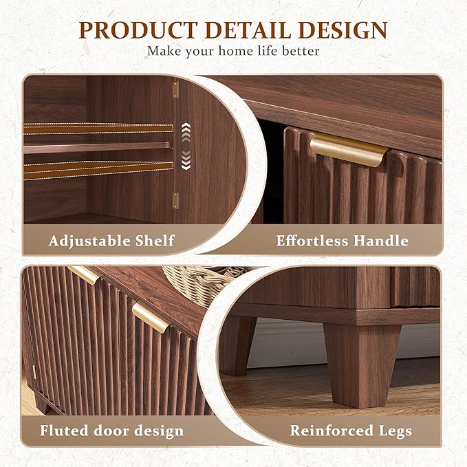 Arched Kitchen Pantry, 5-Tier Arched Cabinet with Fluted Doors, Storage Cabinet with Open & Adjustable Shelves, Versatile Cupboard for Dining Room, Living Room, Walnut