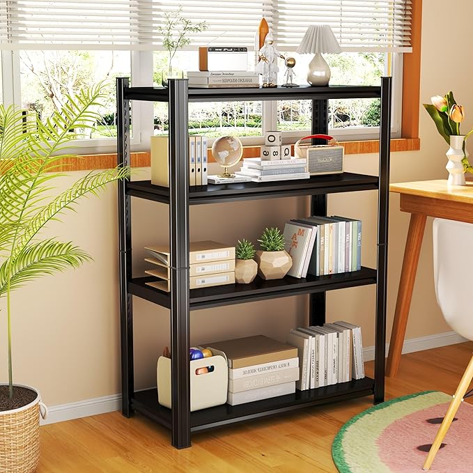 Storage Shelves, Garage Metal Shelving Unit, Adjustable, Double-Layer Column with Reinforced Ribs, Heavy-Duty, Capable of Bearing 600-3600 lbs (Black, 45''W*20''D*54''H, 4-Tier)