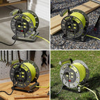 Masterplug 50ft Cord Reel, Retractable Extension Lead with Winding Handle, Safety Overload Circuit Breaker and Power Switch, 4X Grounded Outlets, 2X USB Ports, 13amps, 14AWG Cable