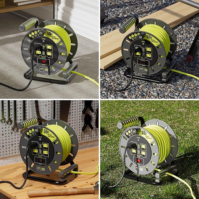 Masterplug 50ft Cord Reel, Retractable Extension Lead with Winding Handle, Safety Overload Circuit Breaker and Power Switch, 4X Grounded Outlets, 2X USB Ports, 13amps, 14AWG Cable