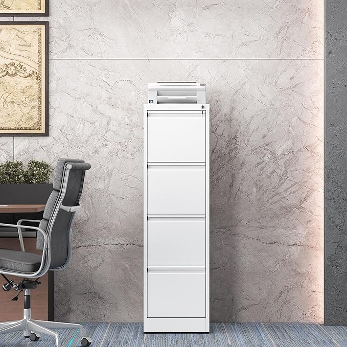 File Cabinet, 4 Drawer File Cabinet with Lock, Steel Vertical Filing Cabinets for Home Office, Heavy Duty File Storage Cabinet for Legal/Letter/A4 Documents, Easy to Assemble, White