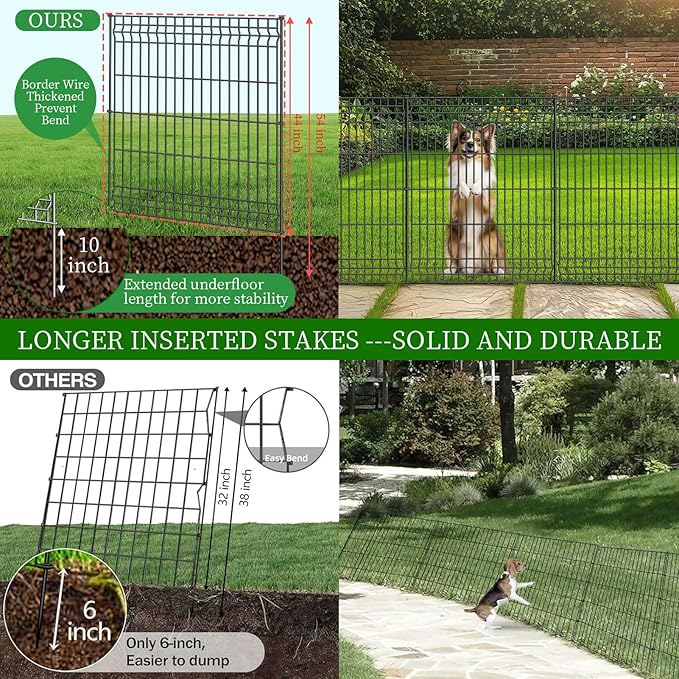 No Dig Fence Outdoor Dog Fences,Total 44" H x 288" W Decorative Metal Garden Fence with Gate,Garden Fence Animal Barrier,Garden Fencing for Yard Rustproof