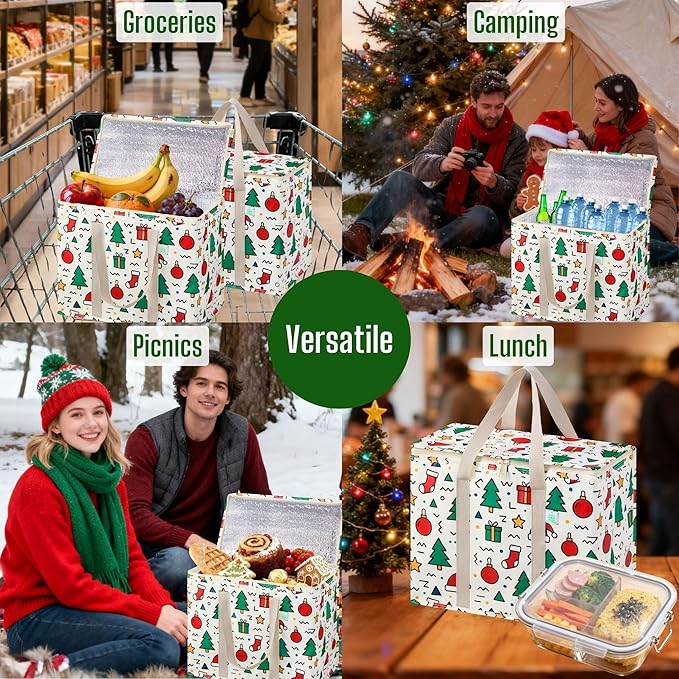 VENO 2 Pack Christmas Cooler Bag Insulated Reusable Grocery Shopping Bag, Food Delivery, Heavy Duty, Large Size, Durable Handles, Double Zippers, Lid, Collapsible (Jingle Mix, 2 Pack)