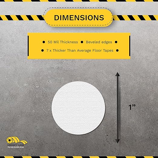 Mighty Line 1" Solid Dot Shaped Floor Marking Tape for Safety, Caution, Warning, Heavy-Duty, Peel and Stick, Adhesive Circle Spots, Industrial Quality, White, Pack of 200