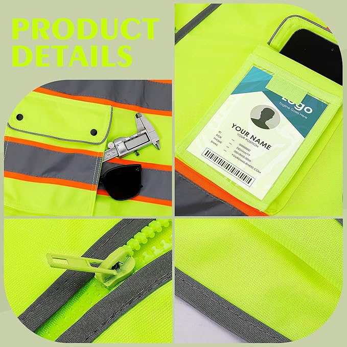 Reflective Safety Vest for Men Women, High Visibility Safety Vest with 8 Pockets Zipper Front, Meets ANSI Standards