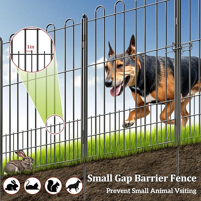 Bepatio Decorative Garden Fence Animal Barrier with Gate, 24in (H) x 10ft (L) 5 Panels Dog Fence Outdoor for Yard, Heavy Duty Metal Garden Fence Border, Flower Bed, Easy Setup, Black