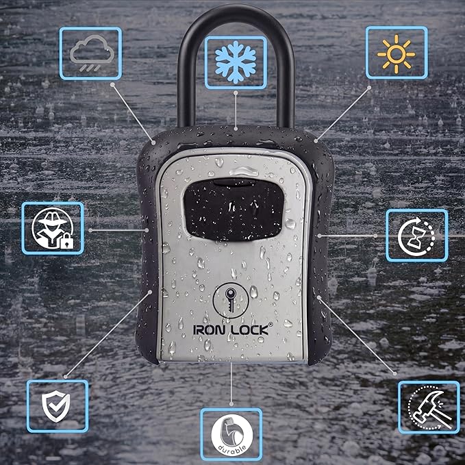 Iron Lock® Key Lock Box Portable with U-Shackle & Wall Mount – Medium Waterproof Heavy-Duty Metal Safe with 4-Digit Combination for Spare Keys Outside on Door Knob, Fence or Gate (Grey, Medium)