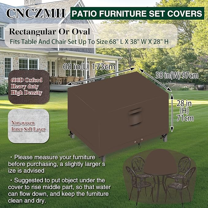 Heavy Duty Patio Furniture Covers Waterproof, 600D Outdoor Furniture Cover Waterproof for Sectional Sofa Couch, Outdoor Dining Table and Chair Set Covers 68''L x 38''W x 28''H, Brown