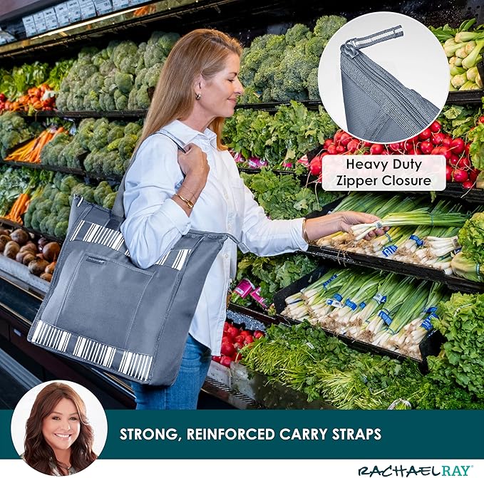Rachael Ray Chillout Soft Cooler Bag, Large Reusable Insulated Grocery Bag with Zippered Top, Travel Tote for Hot or Cold Food, Grocery Tote Bag