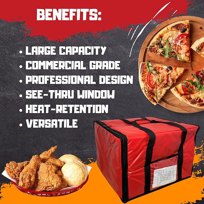 FSE Insulated Pizza Food Delivery Bag Carrier, 18 Inch x 18 Inch x 13 Inch, Breathable Design, Fits Five 16" Pizza Boxes, or Four 18" Pizza Boxes, for Hot or Cold Items, Red