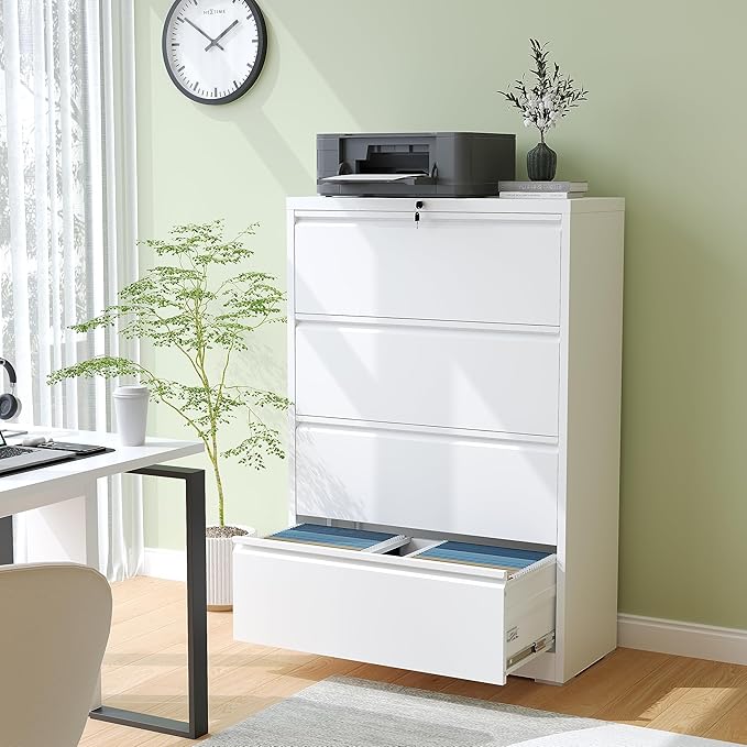 4 Drawer Lateral File Cabinet, Metal Filing Cabinets for Home Office, Wide File Storage Cabinet for Letter Legal Size Hanging File Folders, Assembly Required, (White)