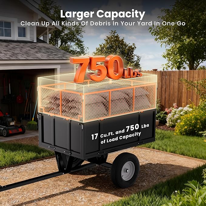 Heavy Duty ATV Dump Cart - Steel Tow Behind Trailer, Garden Cart Trailer, 17 Cu.Ft Capacity & 750 Lbs Steel Dump Trailers, with Foldable Mesh Fence, Yard Garden Trailers for Lawn Mower Tractor