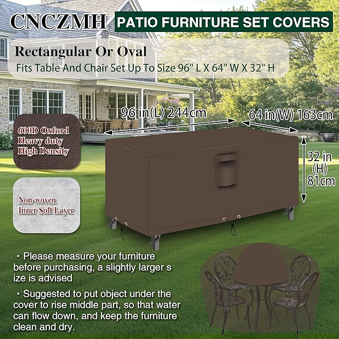 Heavy Duty Patio Furniture Covers Waterproof, 600D Outdoor Furniture Cover Waterproof for Sectional Sofa Couch, Outdoor Dining Table and Chair Set Covers 96''L x 64''W x 32''H, Brown