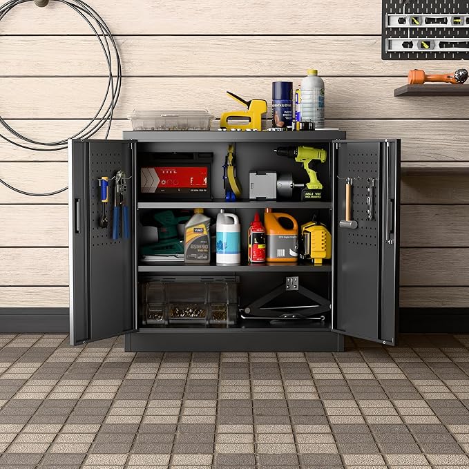 Metal Storage Cabinet with Lock, Lockable Metal Garage Cabinet with Pegboards and Hooks for Garage,Warehouse,Home,Office, Assembly Required,Black