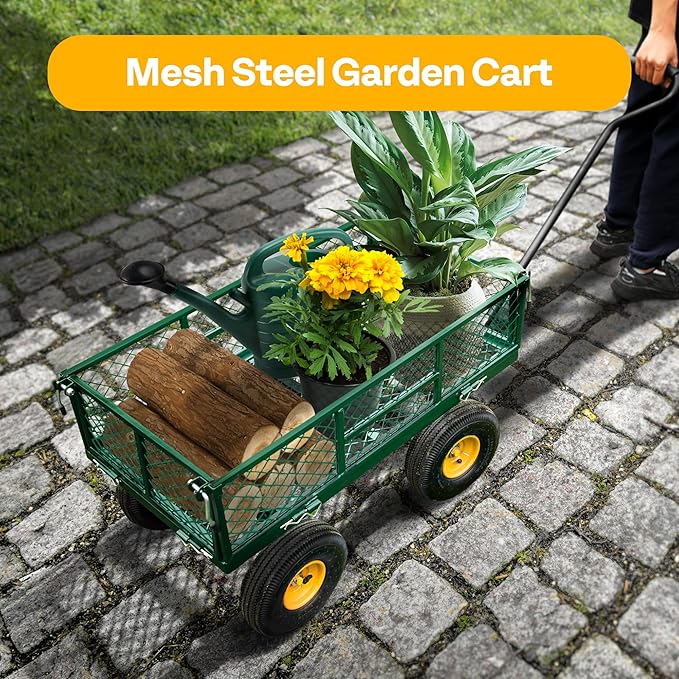 VIVOHOME Heavy Duty 880 Lbs Capacity Mesh Steel Garden Cart Folding Utility Wagon with Removable Sides and 4.10/3.50-4" Wheels 10 Inch Tire(Green)