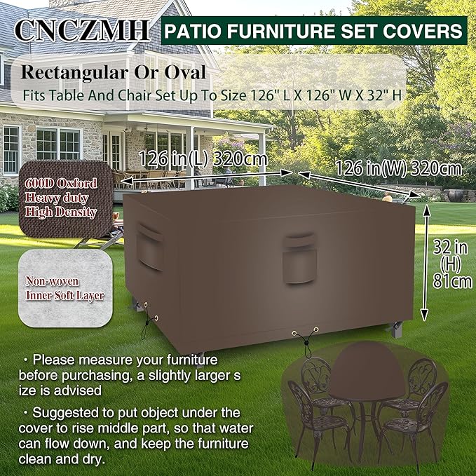 Square Heavy Duty Patio Table Covers Waterproof, 600D Outdoor Dining Table and Chair Set Covers, Outdoor Furniture Cover Waterproof for Sectional Sofa Couch 126''L x 126''W x 32''H, Brown